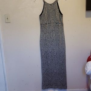 Betsy and adam silver lace formal dress